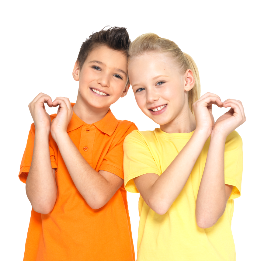 The heads of two kids boy and girl make a heart shape with their own hands